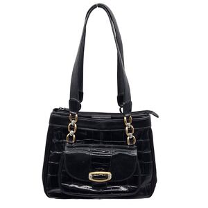Brighton Black Croc Embossed Leather Suede Shoulder Bag Mixed Metal Hardware